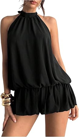 Women Backless Sleeveless Ruffle Bubble Hem Mesh Halter Mini Dress | Tie Open Back, Drop Ruched Waist, Ruffle Bubble Hem, Loose Fit, Chiffon Halter Dress