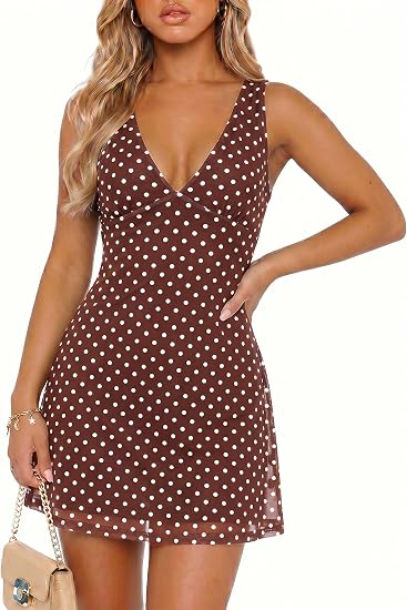 Wenrine Womens Summer Polka Dot Mini Dress Mesh Sexy V Neck Going Out Dress