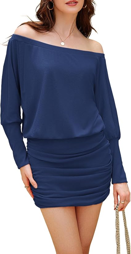 Women's Sexy Off The Shoulder Sheer Dress Batwing Sleeve Mesh Y2K Ruched Night Out Club Mini Dresses