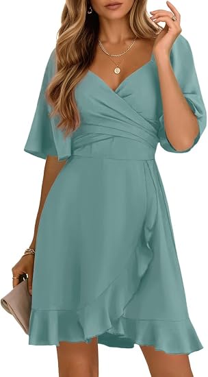 Women's Wrap V Neck Short Flared Sleeve Wedding Guest Dress Smocked Elastic Waist Tiered Belted Ruffle Hem Mini Dress