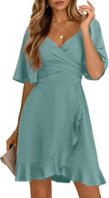 Women's Wrap V Neck Short Flared Sleeve Wedding Guest Dress Smocked Elastic Waist Tiered Belted Ruffle Hem Mini Dress