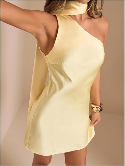 Women's Halter Neck Satin Mini Dress Draped Backless A Line Short Party Dresses with Scarf