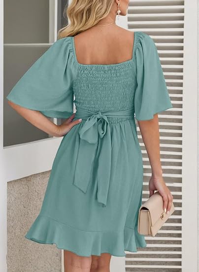 Women's Wrap V Neck Short Flared Sleeve Wedding Guest Dress Smocked Elastic Waist Tiered Belted Ruffle Hem Mini Dress