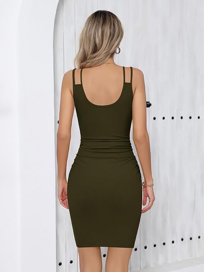 Women's V Neck Sleeveless Ruched Bodycon Sundress Summer Casual Mini Cami Dress