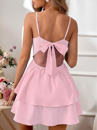 Womens Summer Spaghetti Strap Bow Tie Tiered Layer Short Mini Dress | Backless, Solid Color, Sexy Sundress, Party Club Dresses