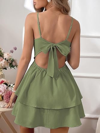 Womens Summer Spaghetti Strap Bow Tie Tiered Layer Short Mini Dress | Backless, Solid Color, Sexy Sundress, Party Club Dresses