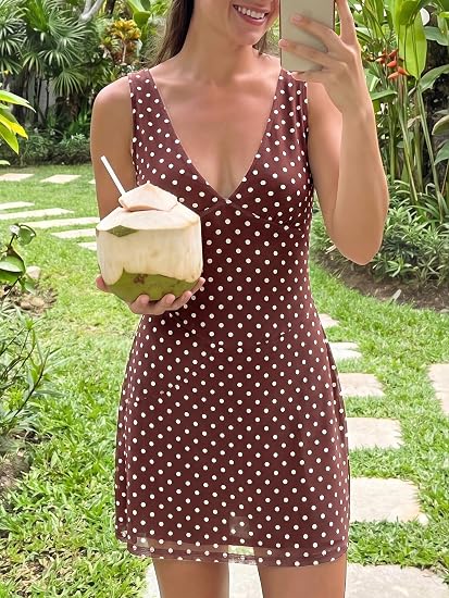 Wenrine Womens Summer Polka Dot Mini Dress Mesh Sexy V Neck Going Out Dress
