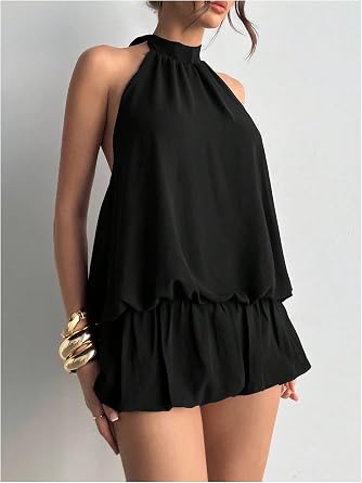 Women Backless Sleeveless Ruffle Bubble Hem Mesh Halter Mini Dress | Tie Open Back, Drop Ruched Waist, Ruffle Bubble Hem, Loose Fit, Chiffon Halter Dress