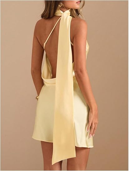 Women's Halter Neck Satin Mini Dress Draped Backless A Line Short Party Dresses with Scarf