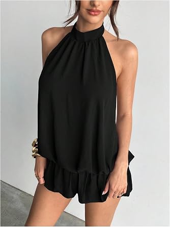 Women Backless Sleeveless Ruffle Bubble Hem Mesh Halter Mini Dress | Tie Open Back, Drop Ruched Waist, Ruffle Bubble Hem, Loose Fit, Chiffon Halter Dress