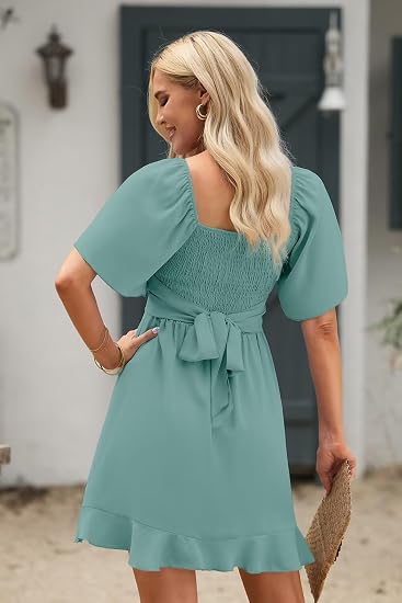 Women's Wrap V Neck Short Flared Sleeve Wedding Guest Dress Smocked Elastic Waist Tiered Belted Ruffle Hem Mini Dress