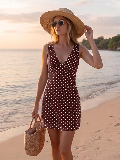 Wenrine Womens Summer Polka Dot Mini Dress Mesh Sexy V Neck Going Out Dress