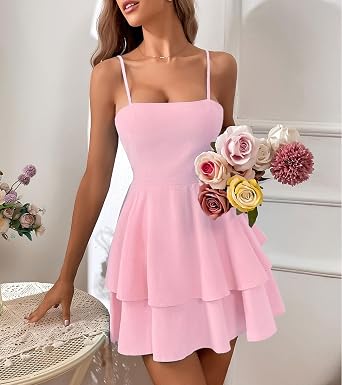 Womens Summer Spaghetti Strap Bow Tie Tiered Layer Short Mini Dress | Backless, Solid Color, Sexy Sundress, Party Club Dresses