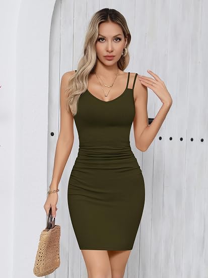 Women's V Neck Sleeveless Ruched Bodycon Sundress Summer Casual Mini Cami Dress