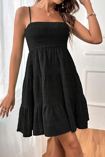 Spaghetti Strap Sleeveless Smock Cami Mini Dress Swing Sundresses For Women