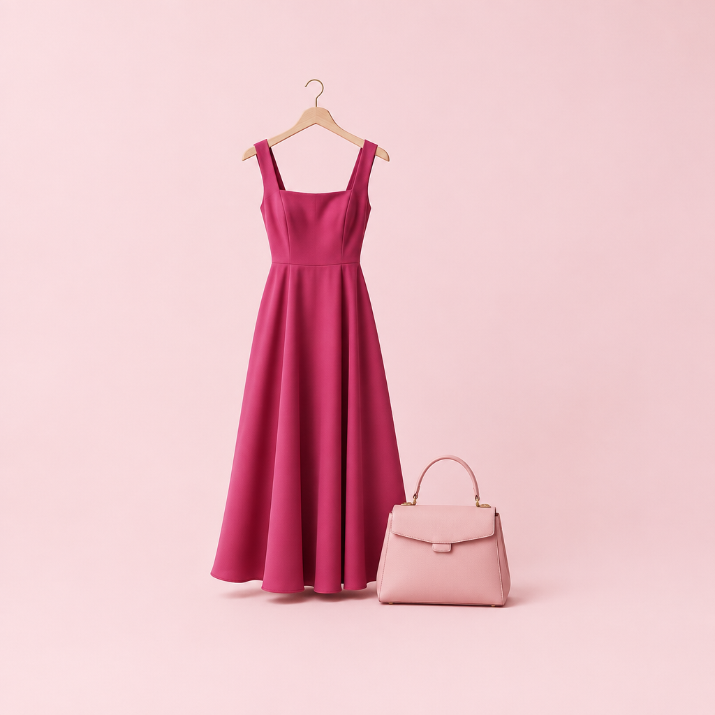 Pink dress and handbag with generous space around them