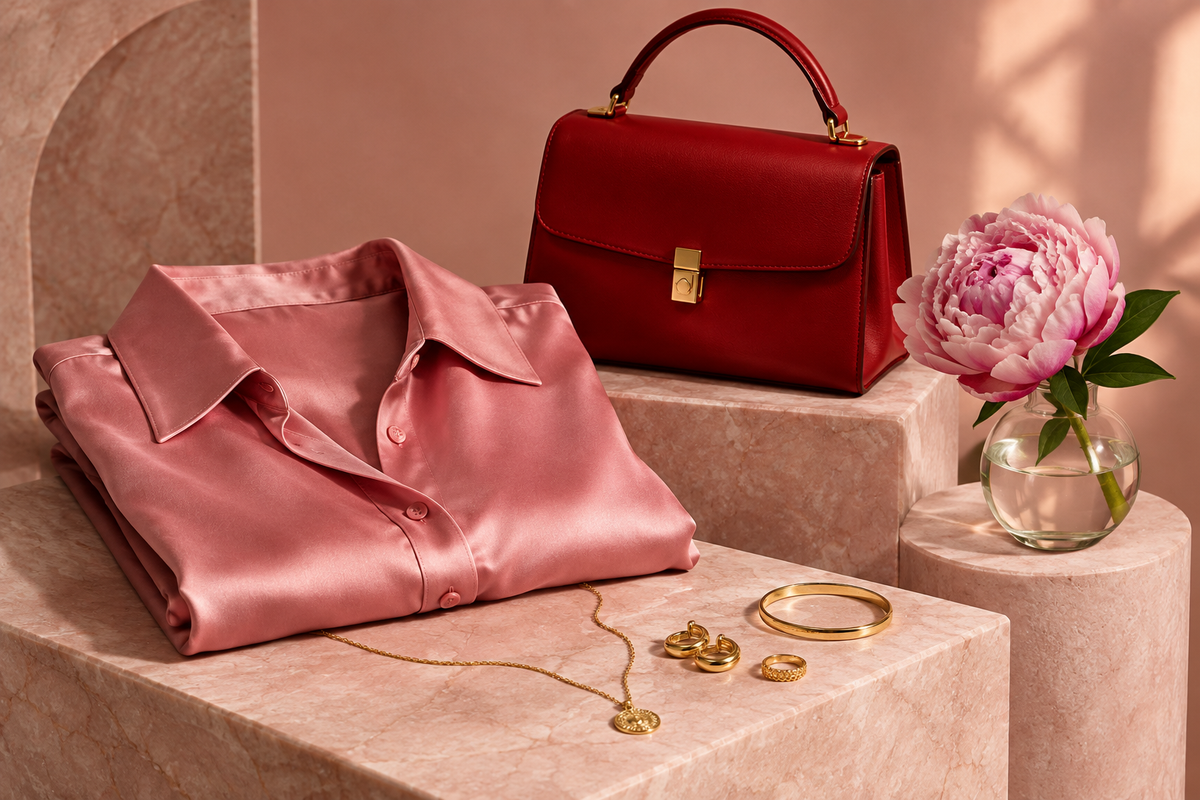 Pink fashion accessories and clothing still life